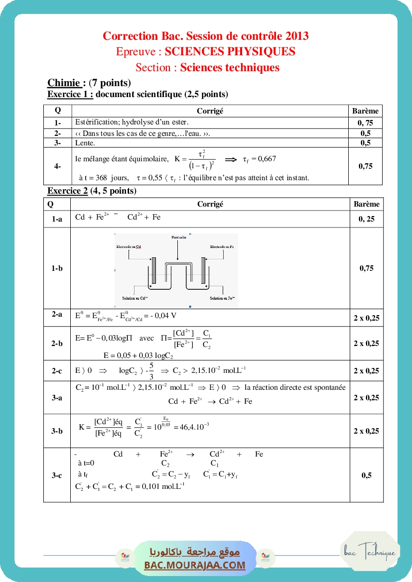 Corrigé controle physique Bac 2013 – Section technique